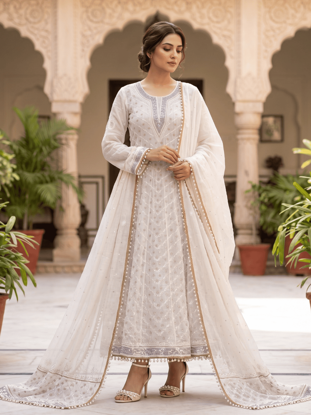 Pure Mulmul Anarkali Suit Set with Chikankari & Aari-Sequin Work with Embroidered Dupatta (Set of 3) (Semi-stitched)