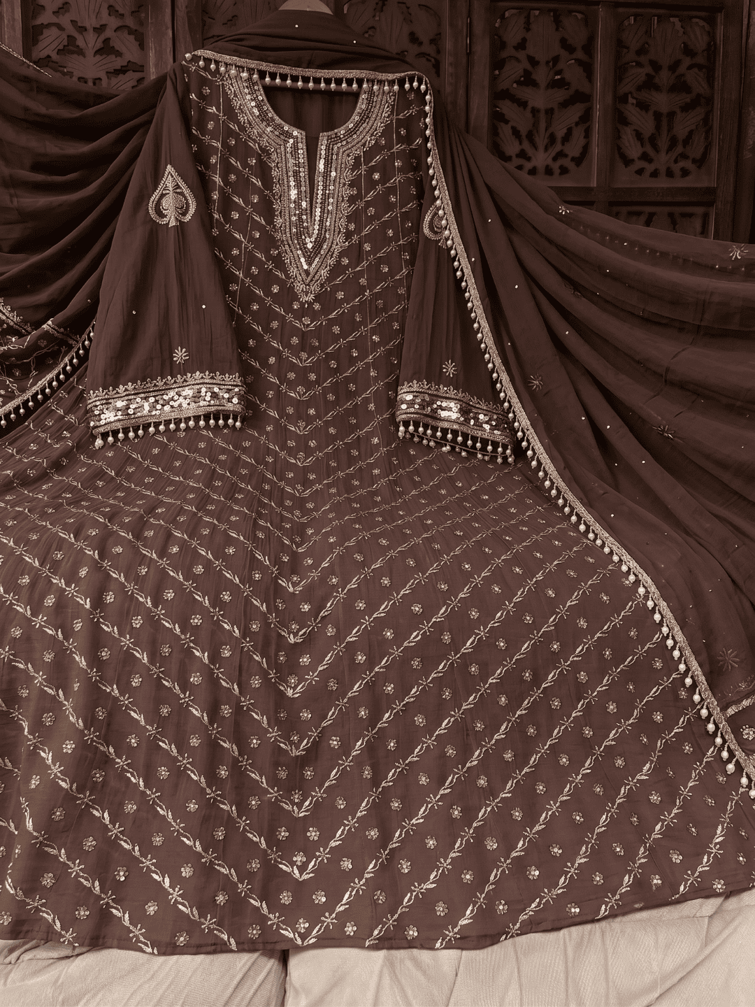 Pure Mulmul Anarkali Suit Set with Chikankari & Aari-Sequin Work with Embroidered Dupatta (Set of 3) (Semi-stitched)
