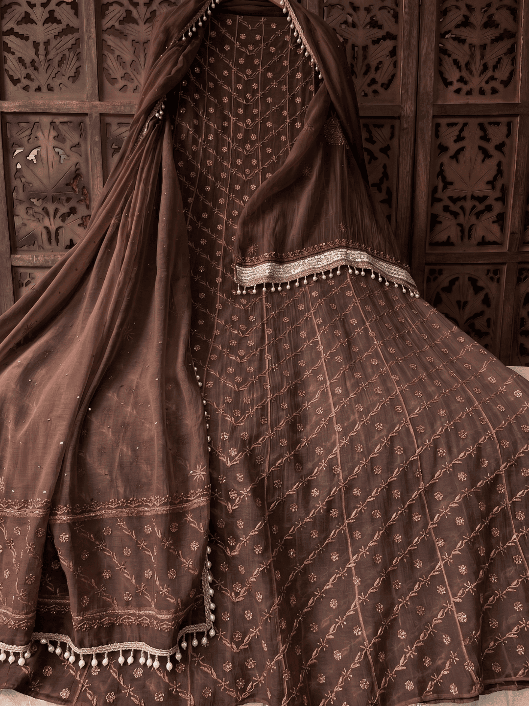 Pure Mulmul Anarkali Suit Set with Chikankari & Aari-Sequin Work with Embroidered Dupatta (Set of 3) (Semi-stitched)