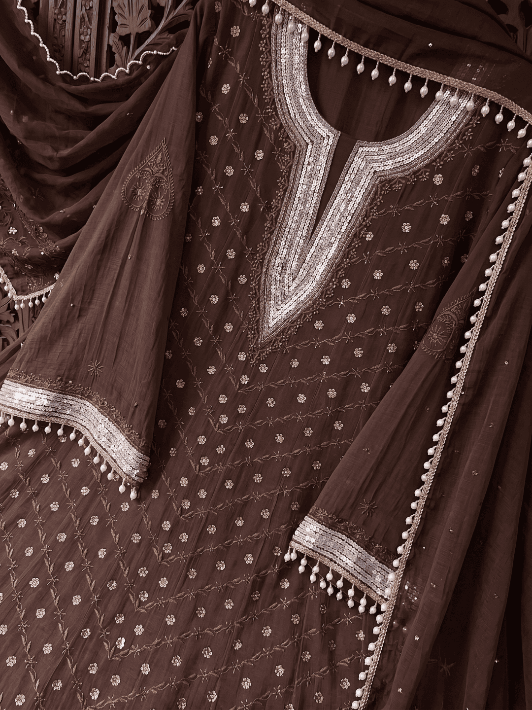 Pure Mulmul Anarkali Suit Set with Chikankari & Aari-Sequin Work with Embroidered Dupatta (Set of 3) (Semi-stitched)
