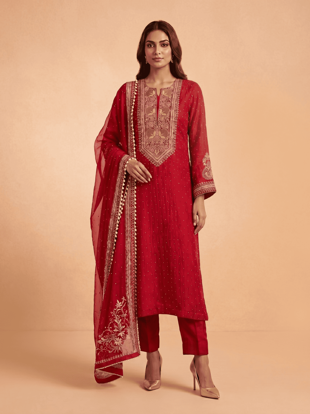 Pure Mulmul Kurta Set with Superfine Ektaar Chikankari & Mukaish Work with Heavy Aari Embroidery Dupatta (Set of 3) (Unstitched)