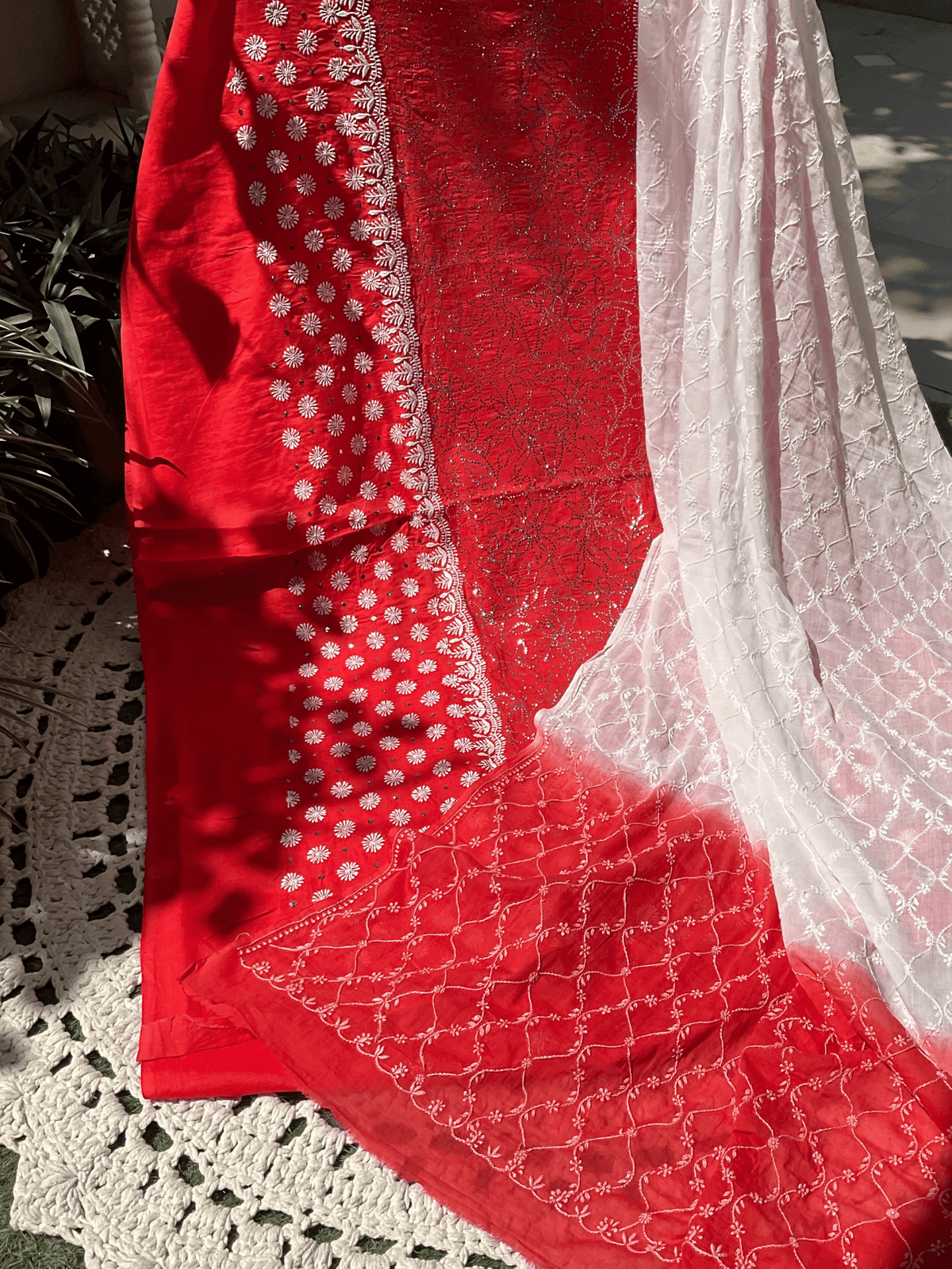 Cotton Voile Suit Set with Mukaish & Chikankari Work with All-Over Jaali Mulmul Dupatta (Set of 3) (Unstitched)