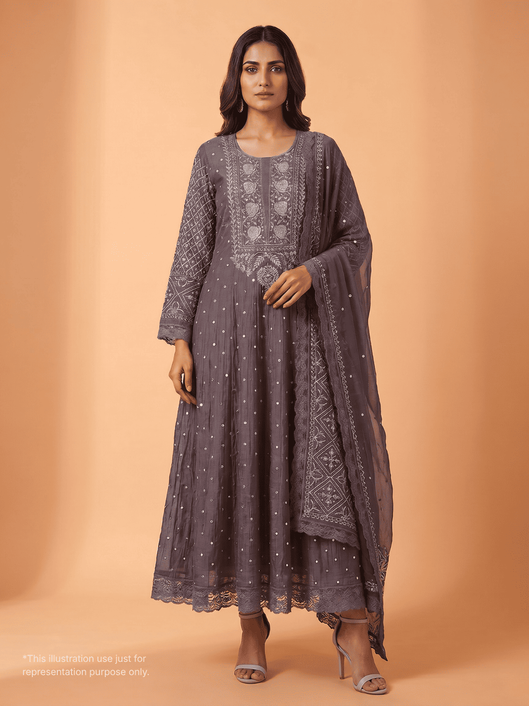 Pure Mulmul Anarkali Suit Set with Chikankari & Cutdana-Pearl Work with Embroidered Dupatta (Set of 3) (Semi-stitched)