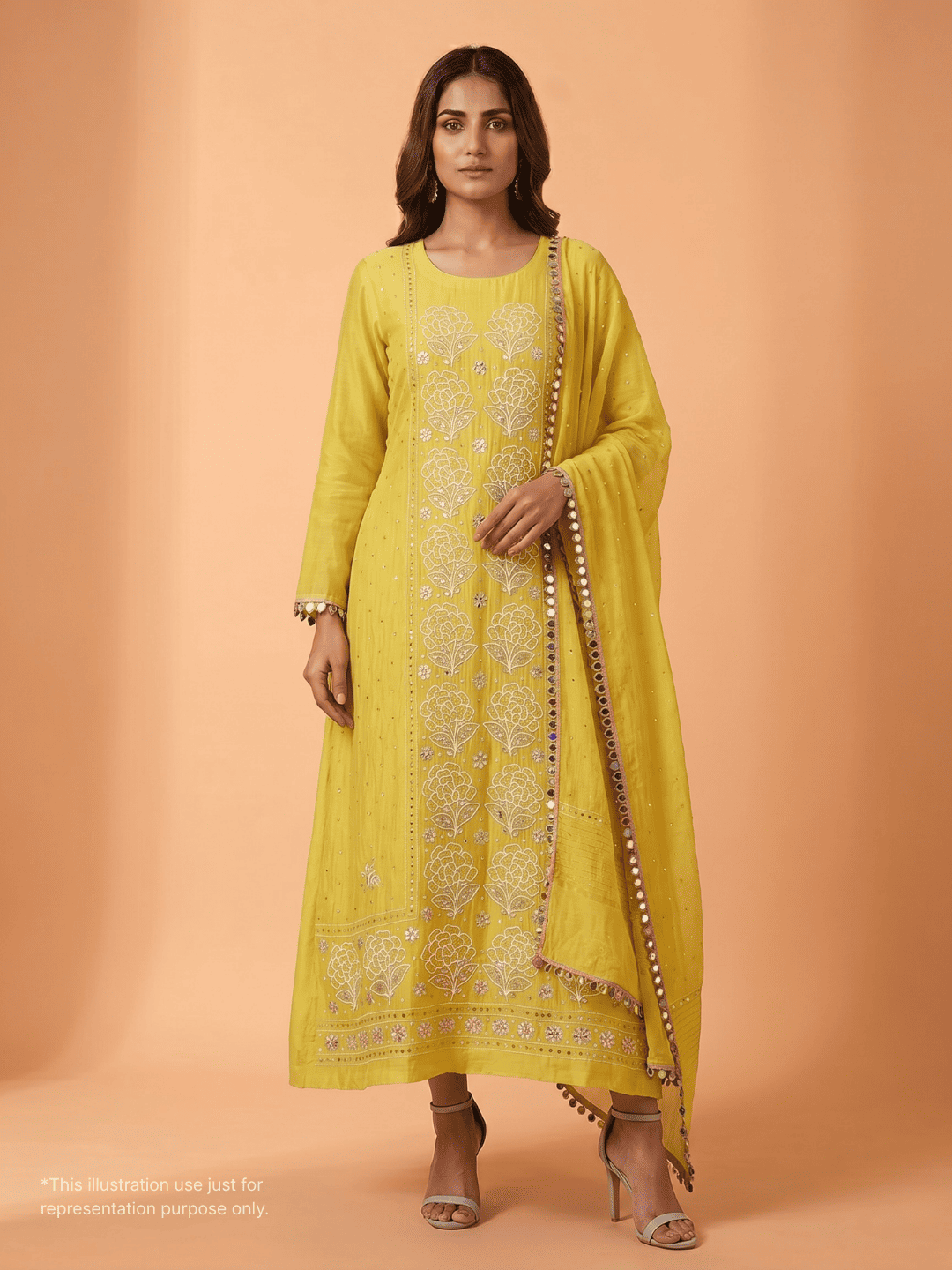 Pure Mulmul Kurta Set with Multicolour Aari & Mukaish Tikki Work with Mirror Lace Dupatta (Set of 3) (Semi-stitched)