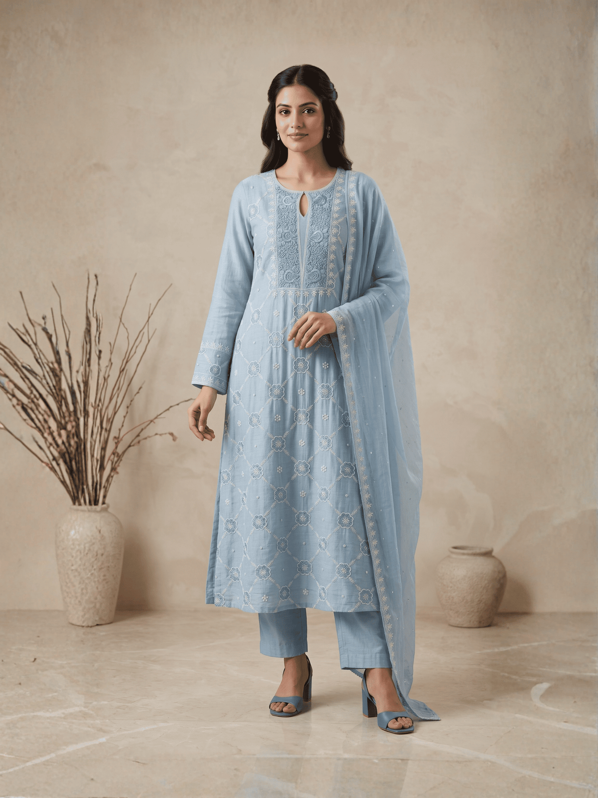 Parsi Mulmul Suit Set with Resham Thread Embroidery & Elegant Dupatta (Set of 3) (Unstitched)