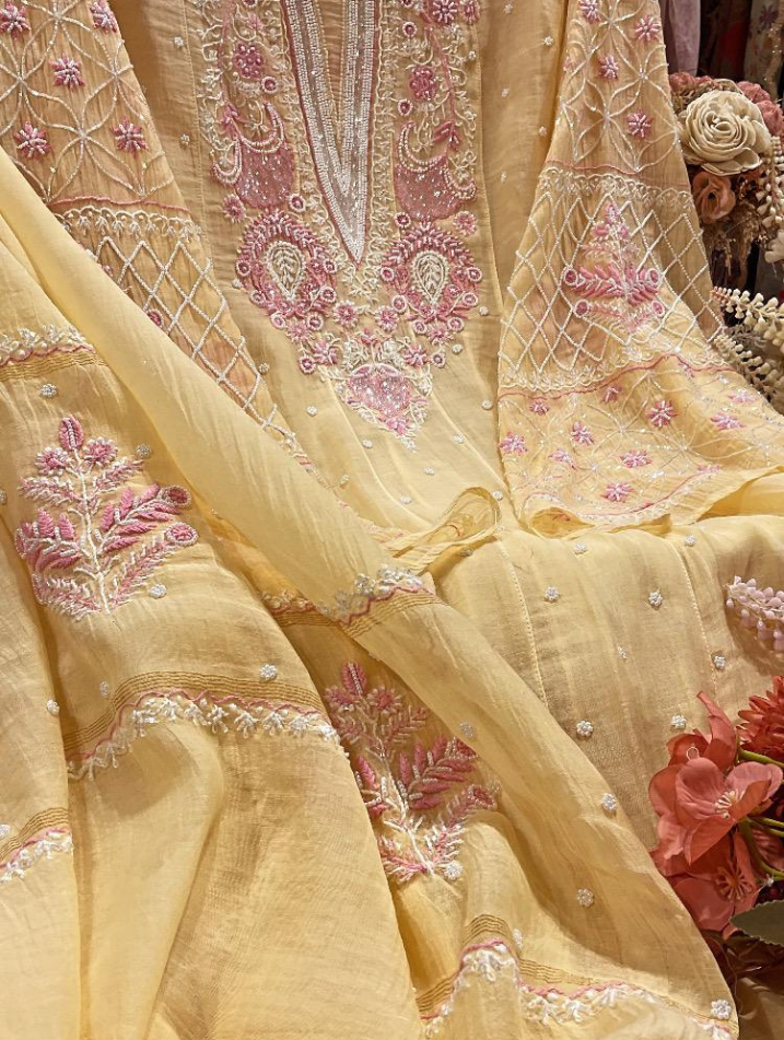 Lemon Elegance: Mulmul Chikankari Anarkali Set with Pearls & Cutdana