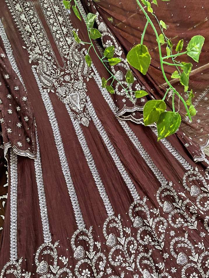 Regal Mulmul Anarkali with All-Over Chikankari & Cutdana Elegance