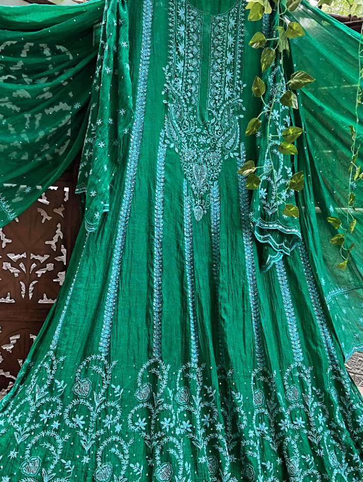 Regal Mulmul Anarkali with All-Over Chikankari & Cutdana Elegance