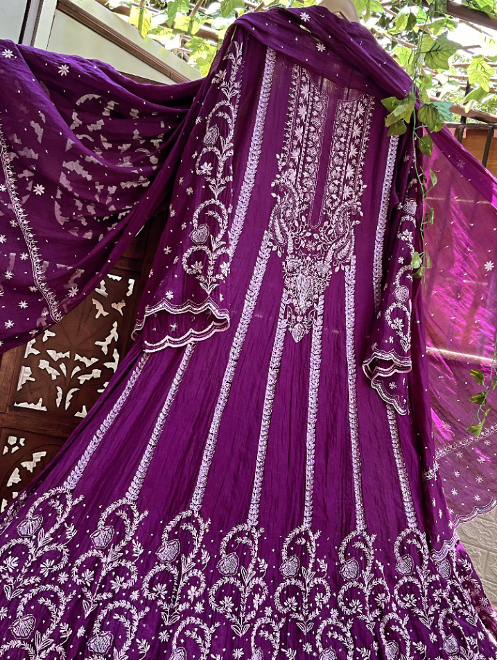 Regal Mulmul Anarkali with All-Over Chikankari & Cutdana Elegance