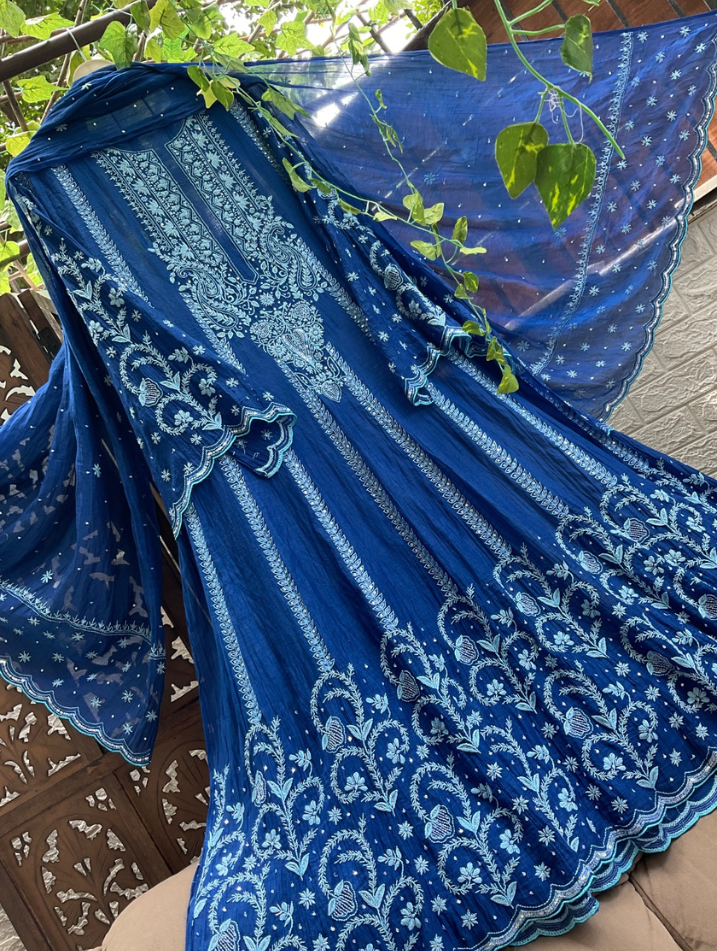 Regal Mulmul Anarkali with All-Over Chikankari & Cutdana Elegance