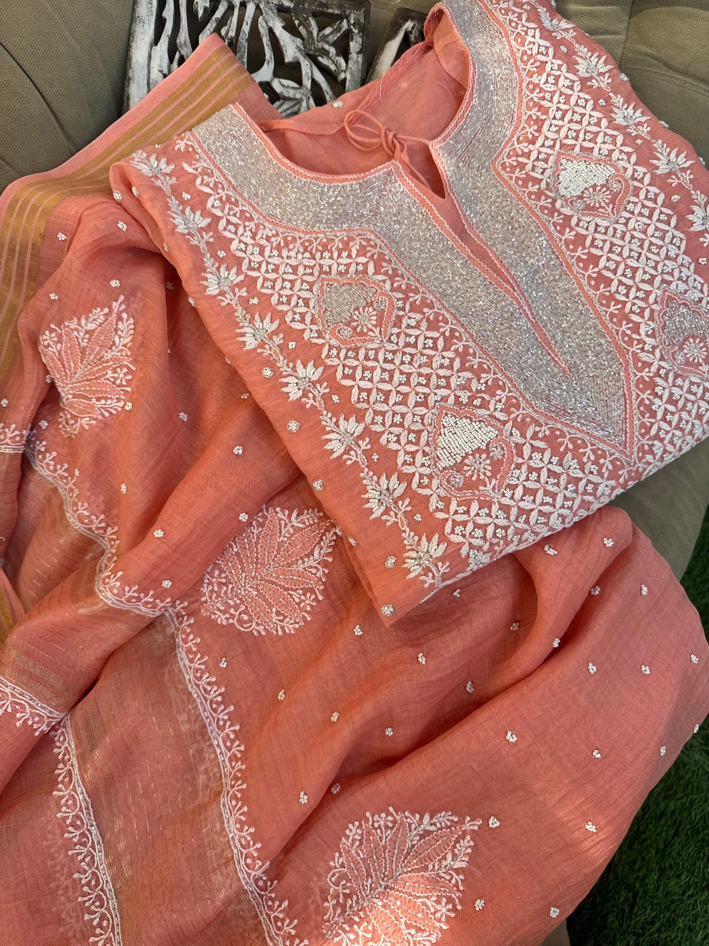 Semi Stitched Peach Kurta Suit Set