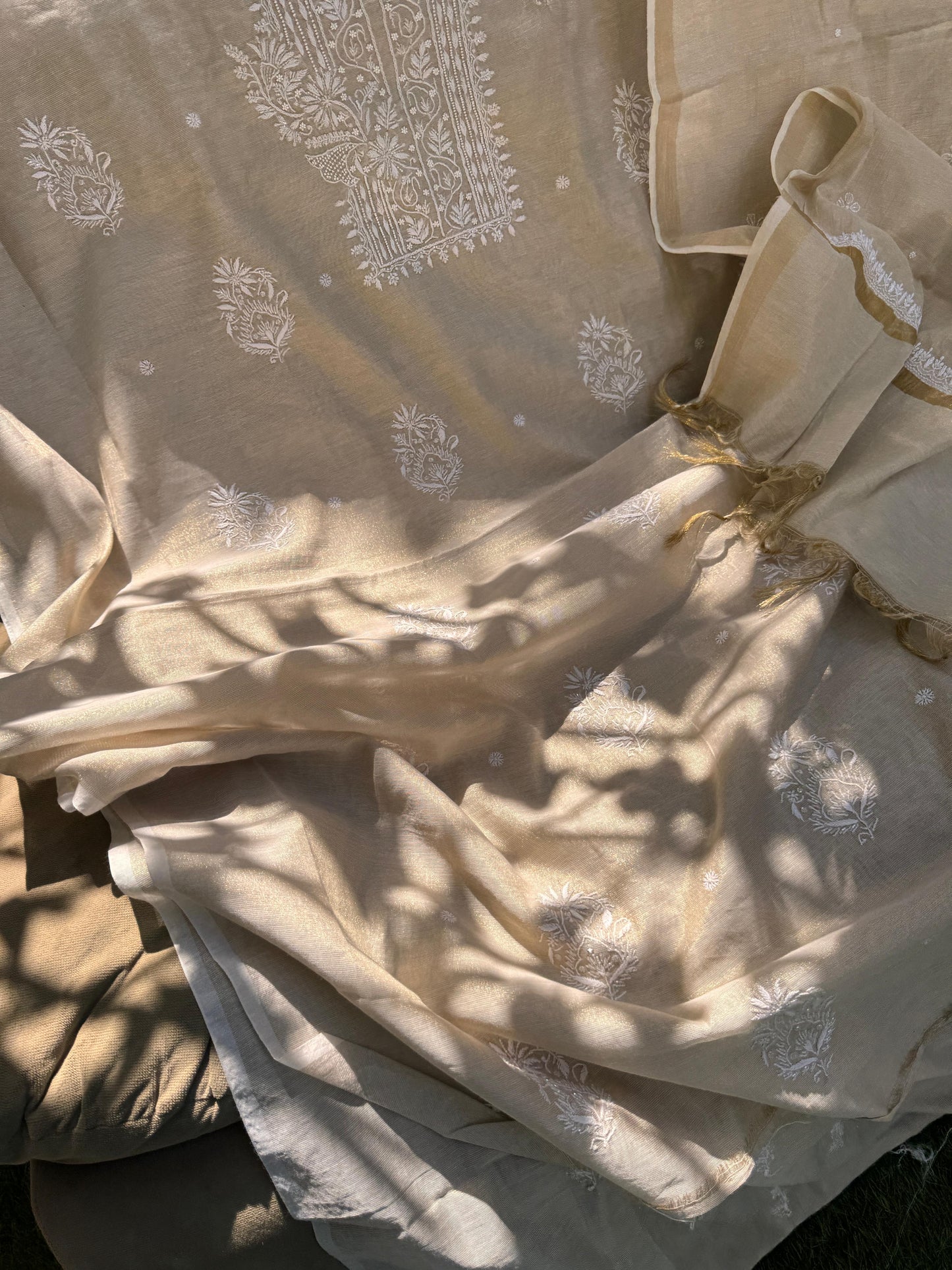Golden Chanderi Tissue Kurta n Dupatta On Sale