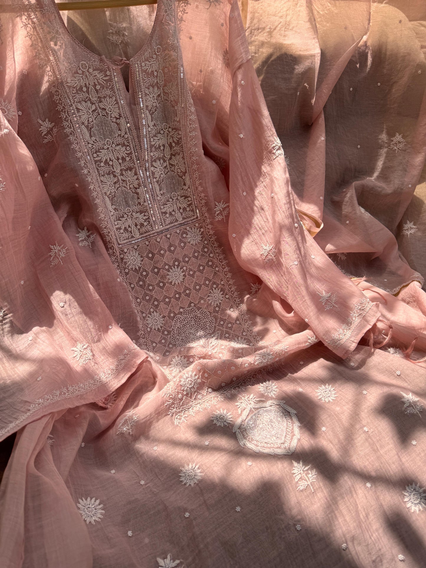 Semi-Stitched Mulmul Kurta with embroidered dupatta