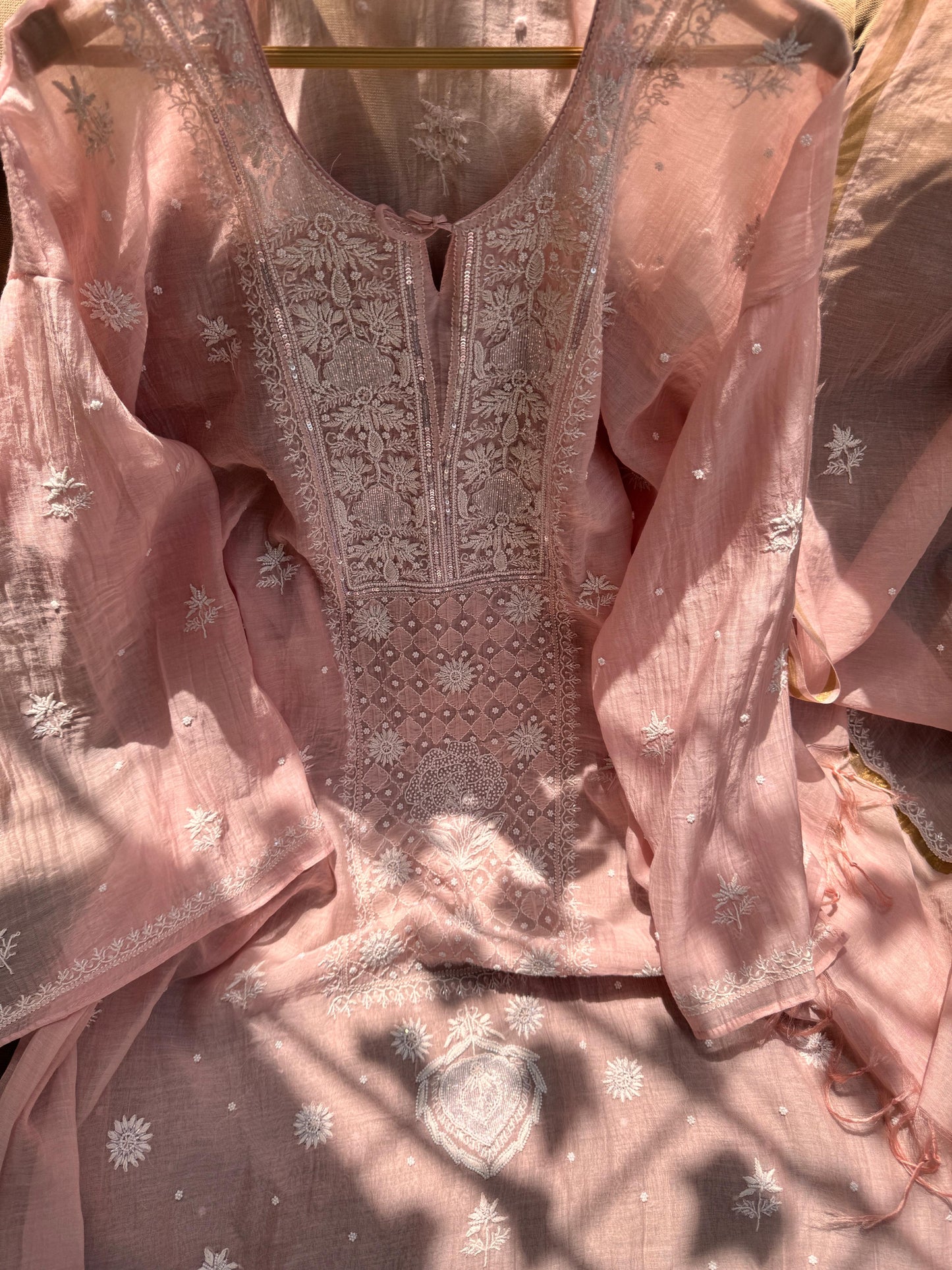 Semi-Stitched Mulmul Kurta with embroidered dupatta