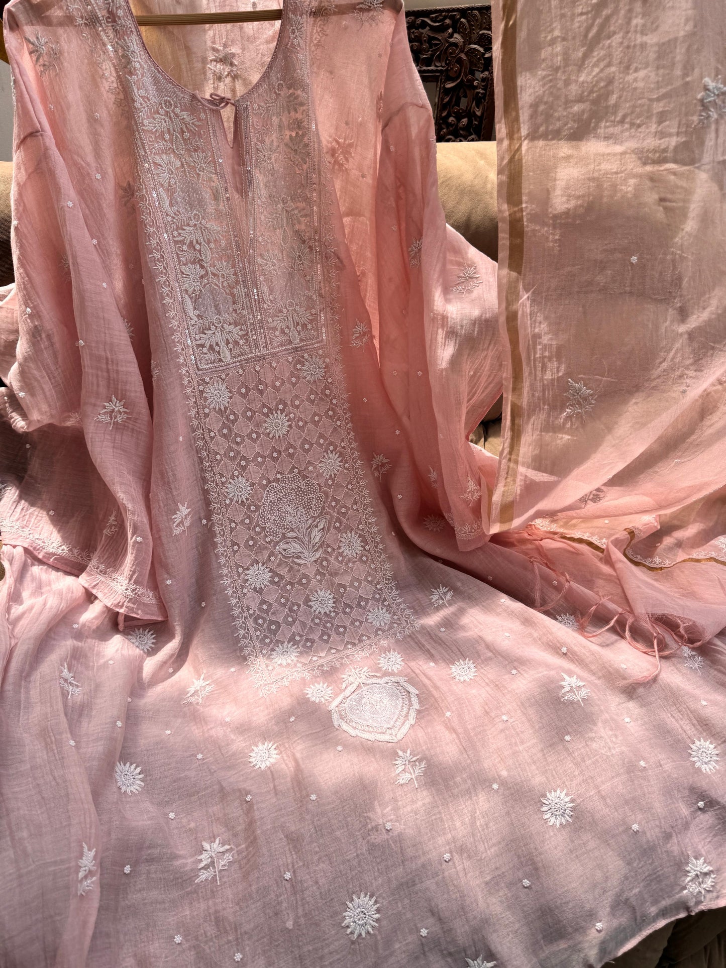 Semi-Stitched Mulmul Kurta with embroidered dupatta