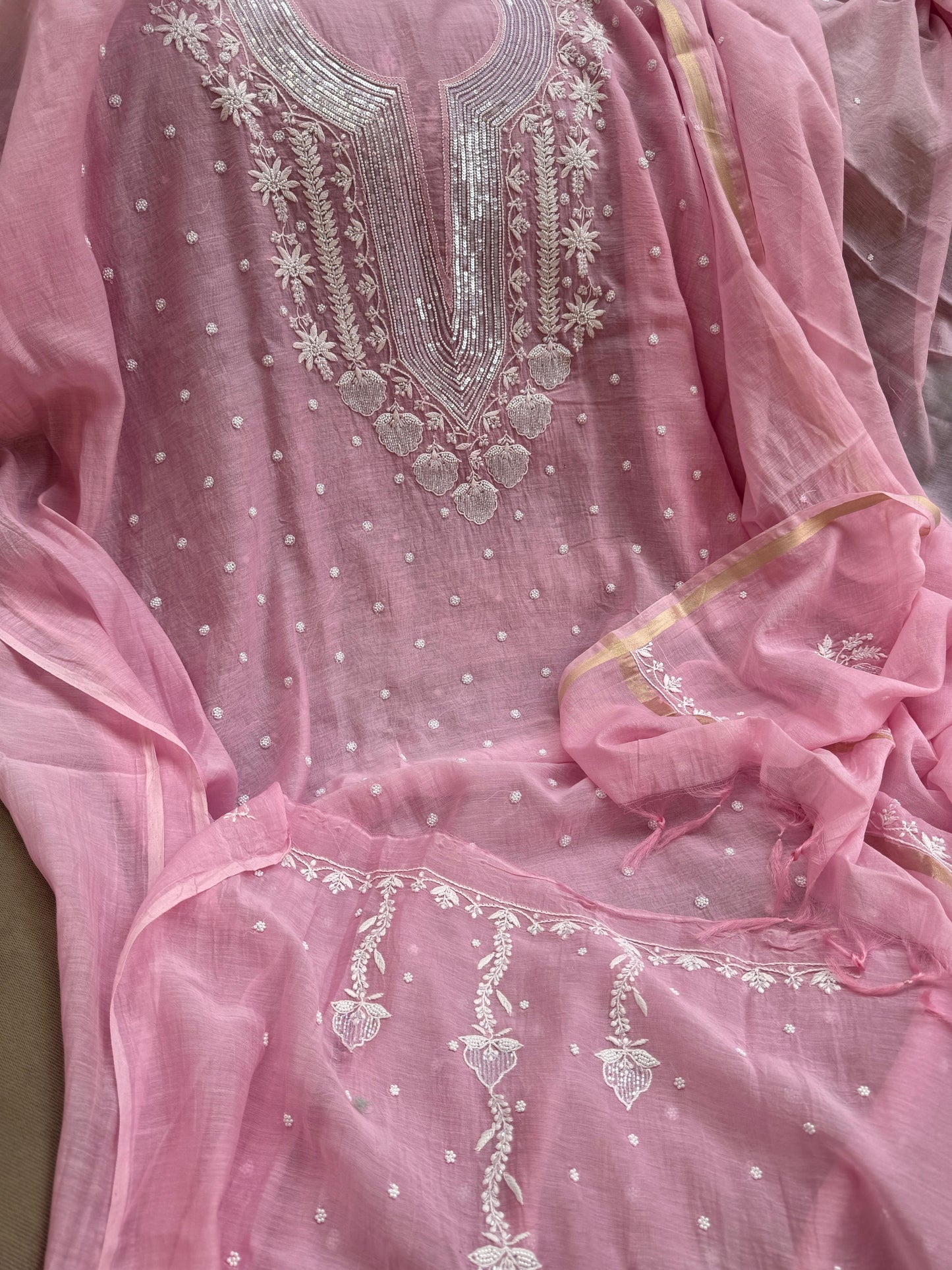 Mulmul Kurta and Dupatta with Motifs Pearl and Cutdana Embellishments