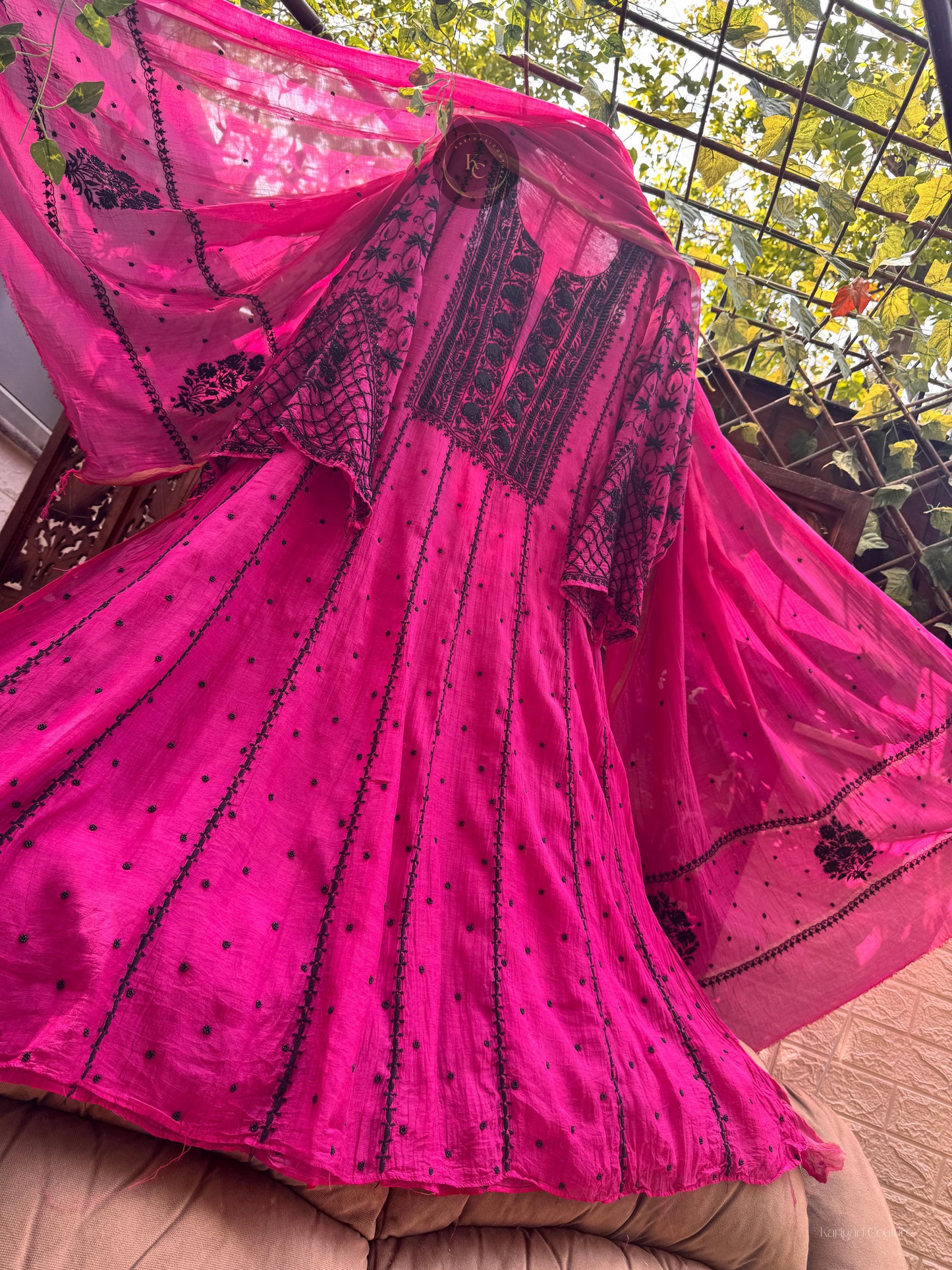 Handcrafted Mulmul Anarkali Ensemble with Chikankari & Pearl Embellishments