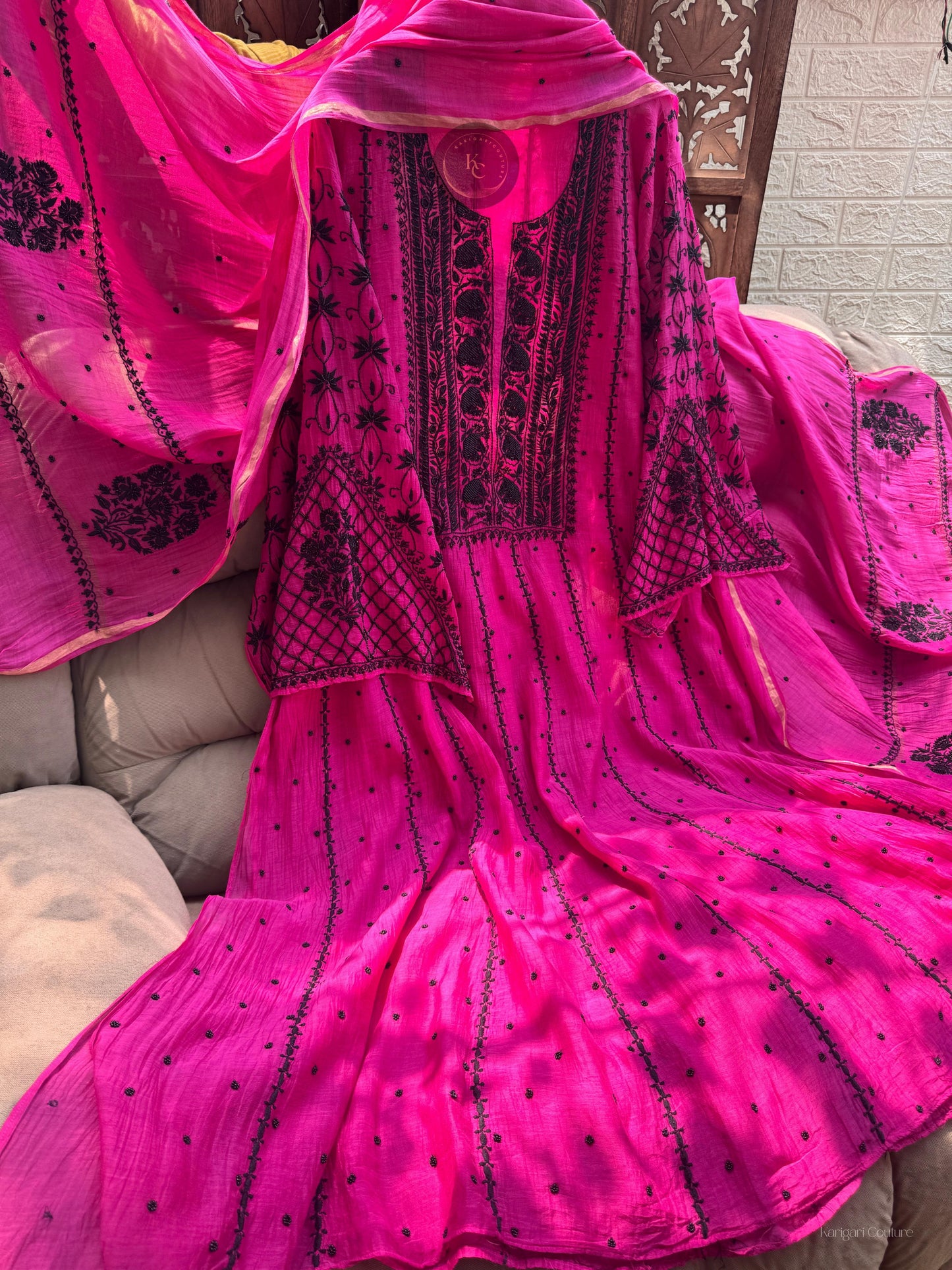 Handcrafted Mulmul Anarkali Ensemble with Chikankari & Pearl Embellishments