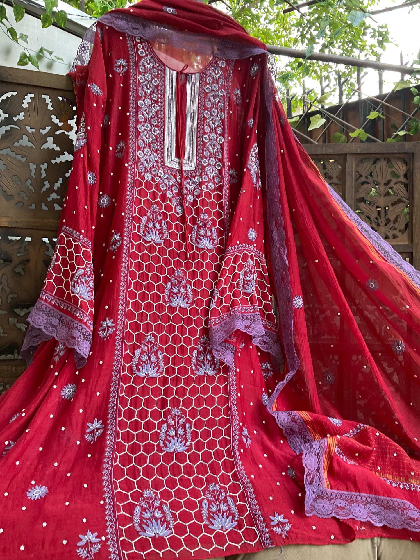 Maroon Muse Hand Embroidered Malmal Chikankari Kurta Set