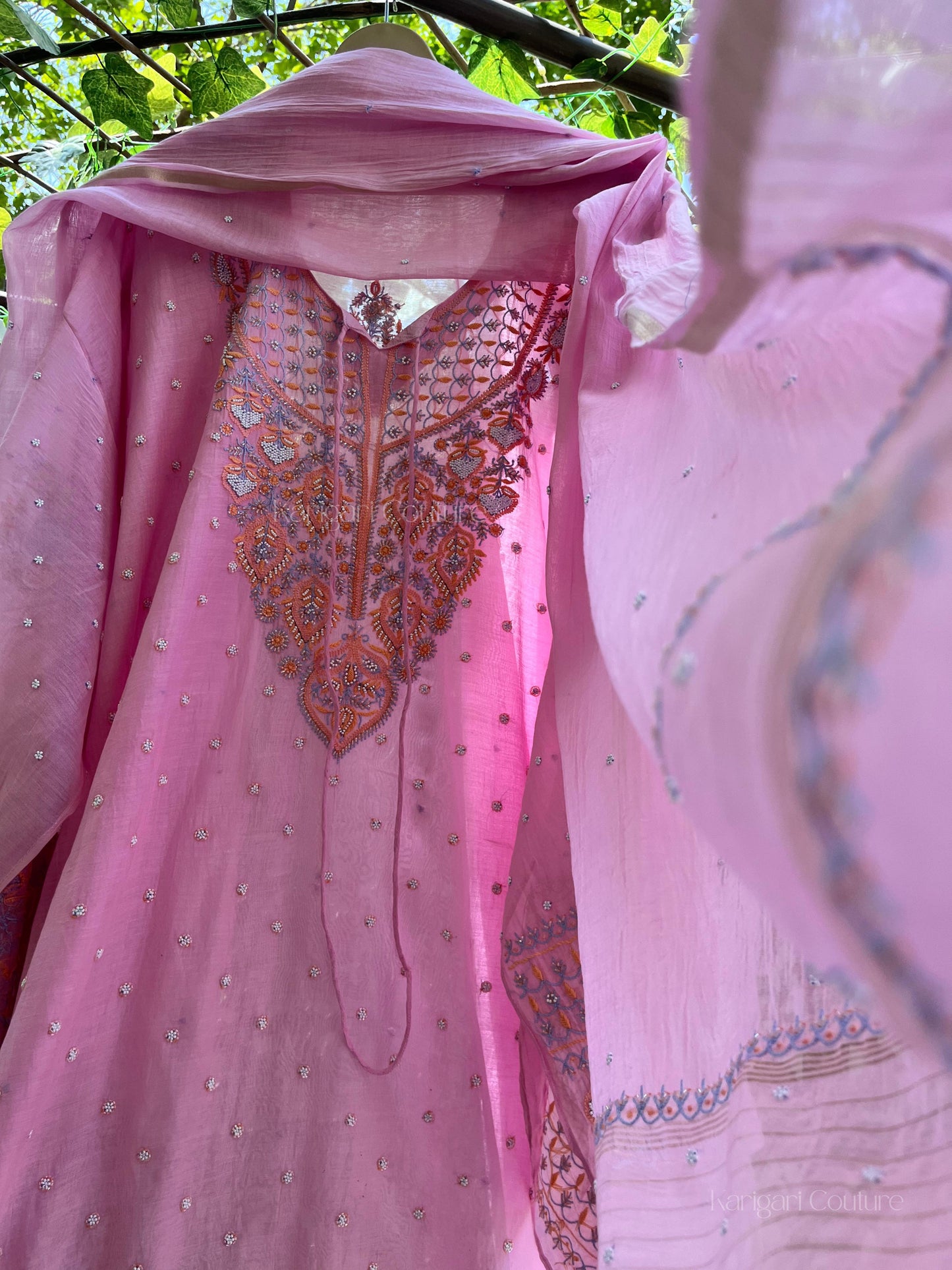 Mulmul Chanderi Suit Set with Multicolour Chikankari, Pearl & Cutdana Embellishments