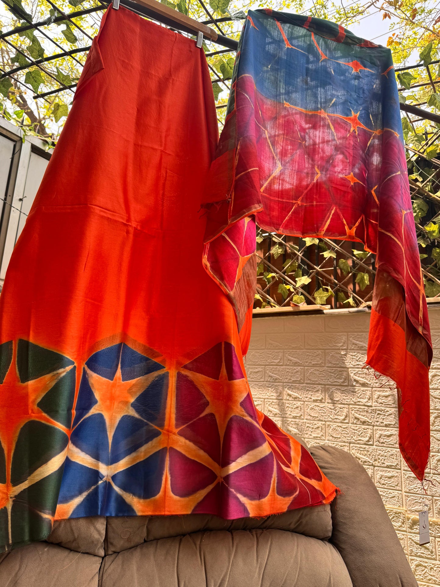 Kesariya Hand Clamp-Dyed Chanderi Kurta Set with Multicolour Dupatta