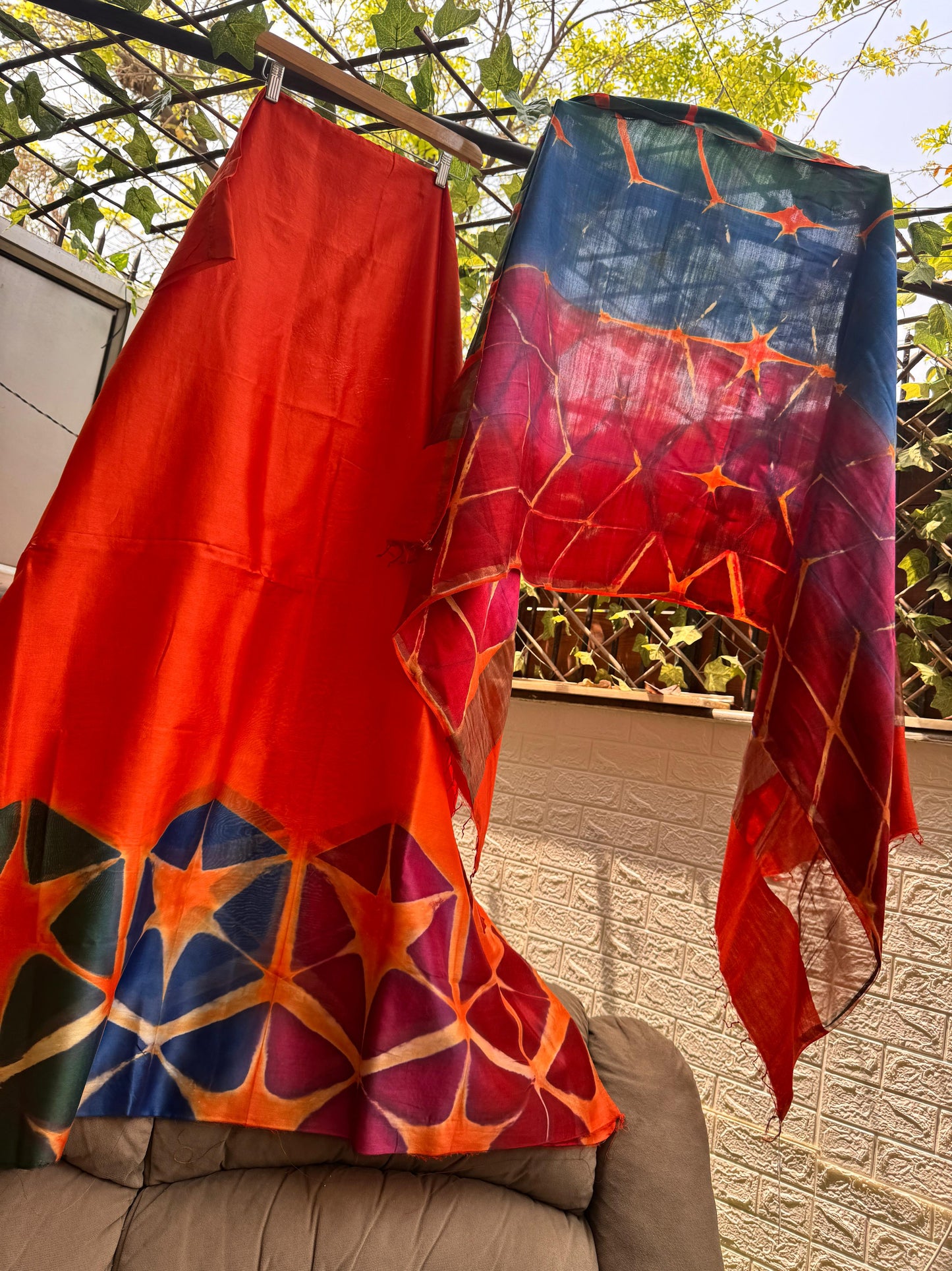 Kesariya Hand Clamp-Dyed Chanderi Kurta Set with Multicolour Dupatta