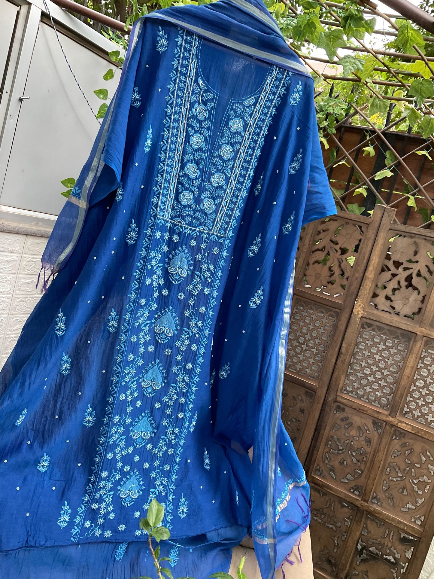 Indigo Elegance Mulmul Chikankari Ensemble with Cutdana & Pearl Detailing