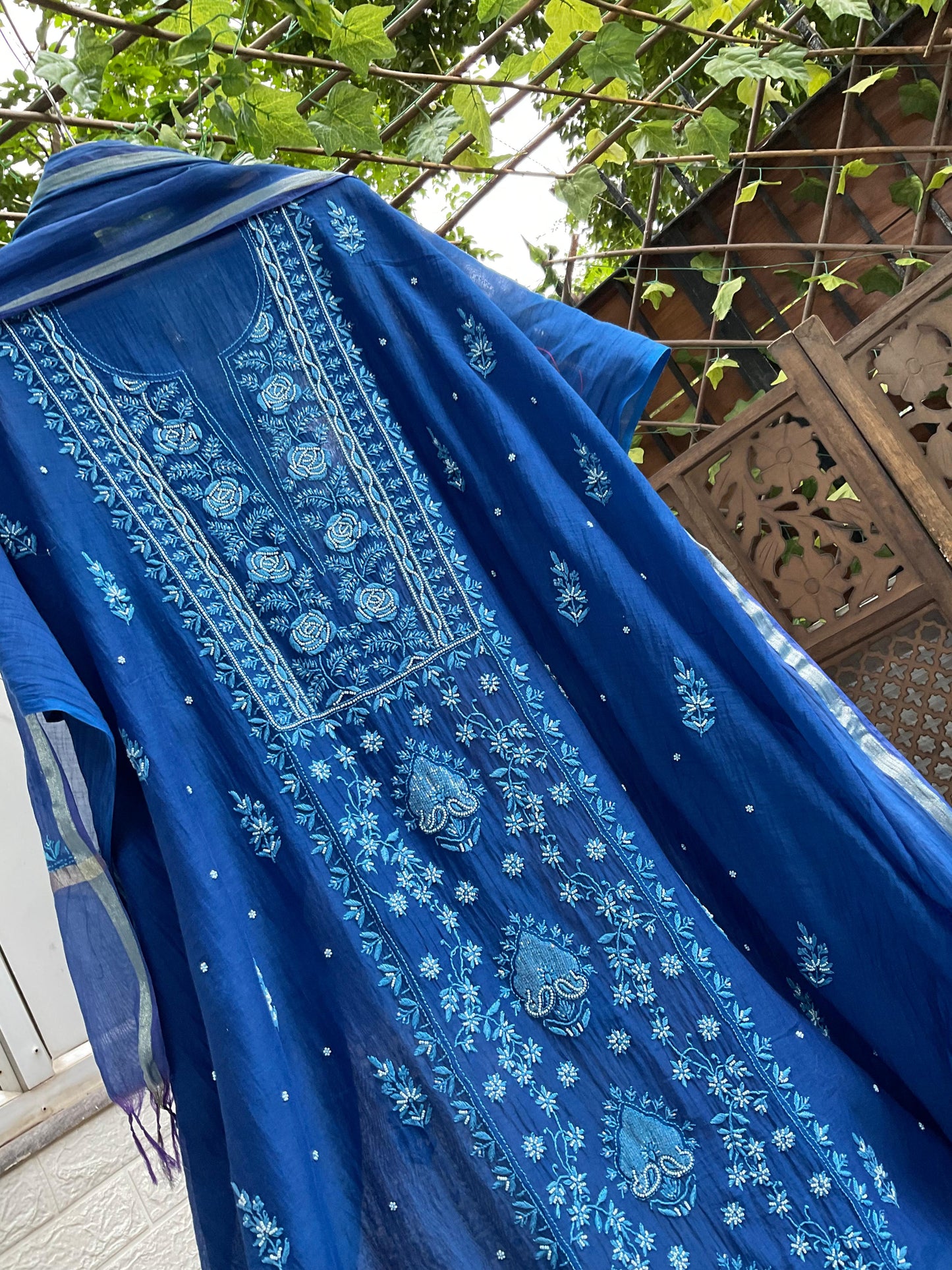 Indigo Elegance Mulmul Chikankari Ensemble with Cutdana & Pearl Detailing