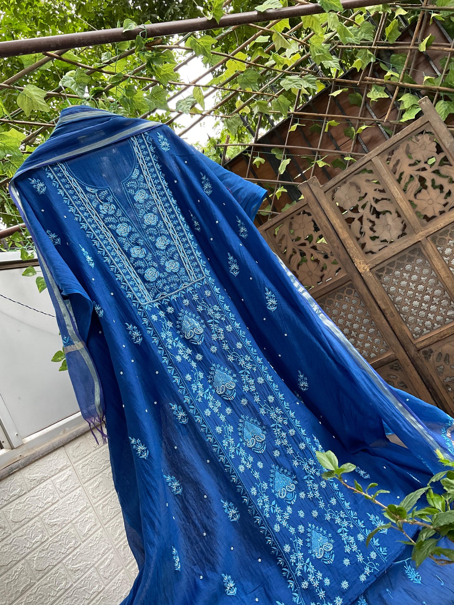 Indigo Elegance Mulmul Chikankari Ensemble with Cutdana & Pearl Detailing