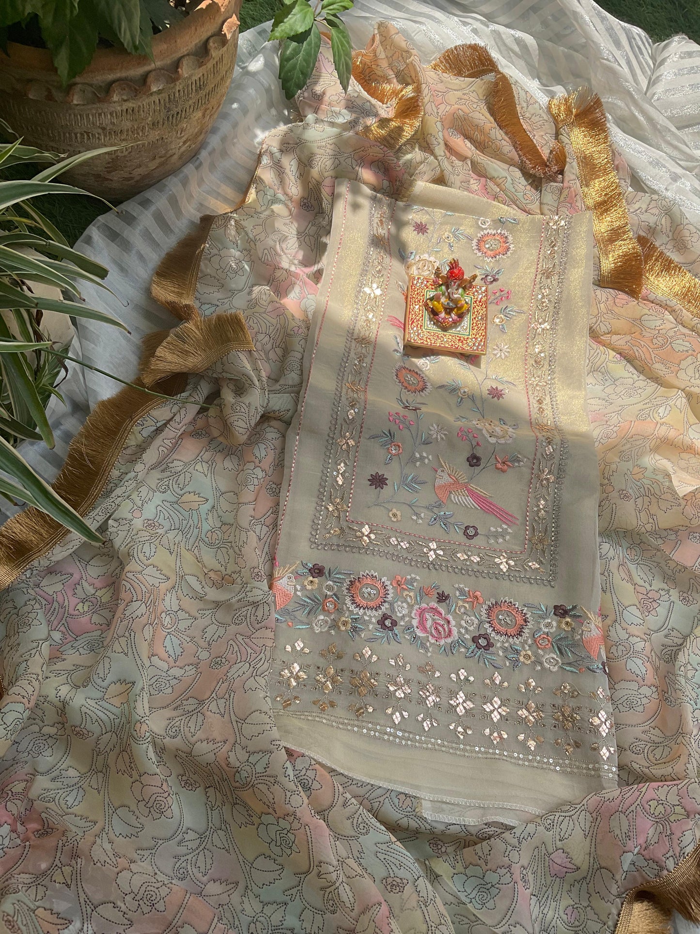 Heritage Elegance Meets Modern Grace Parsi Embroidered Tissue Kurta Ensemble