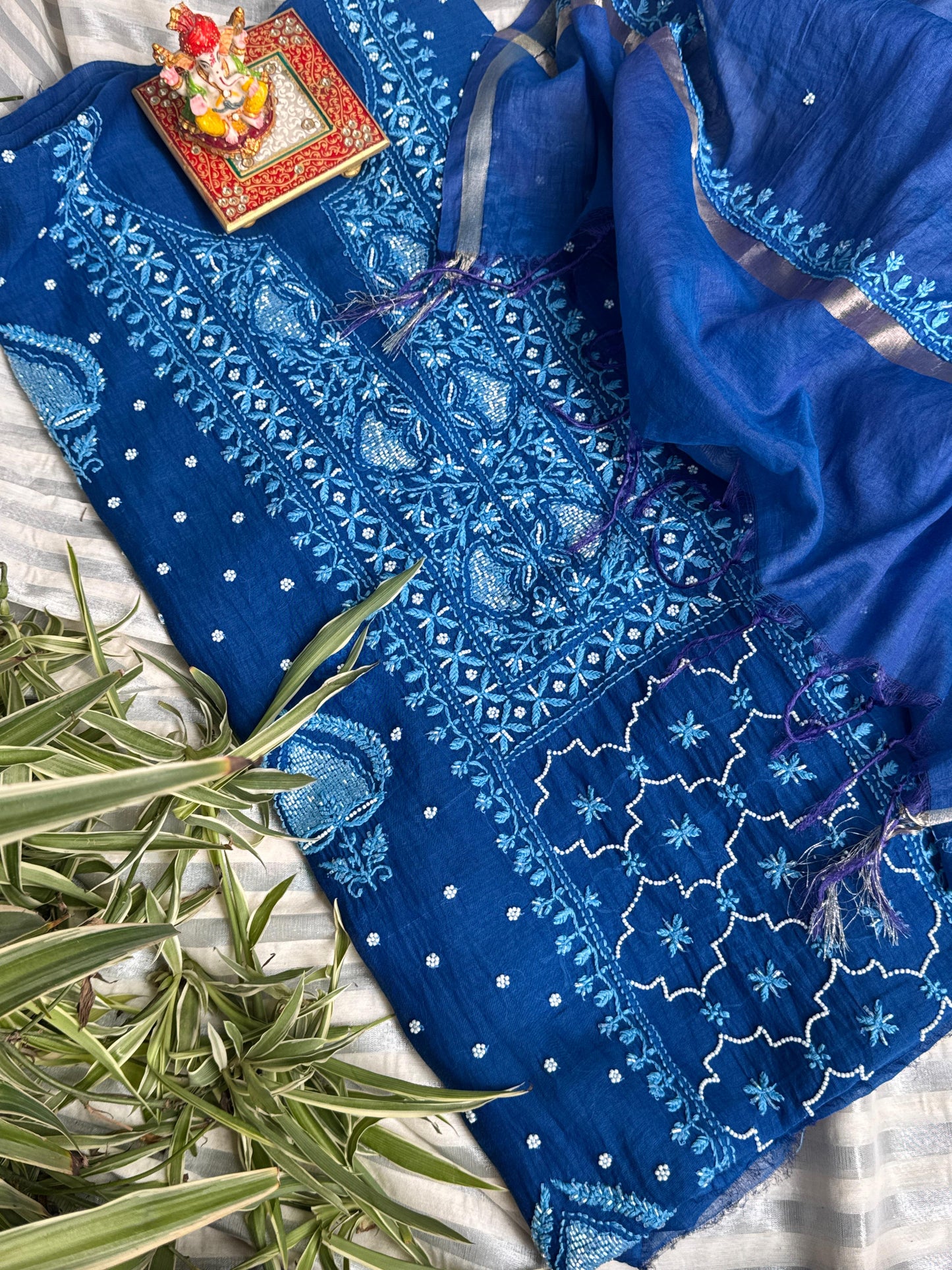 Indigo Blue Mulmul Ensemble Chikankari Charm with Cutdana & Pearl Accents
