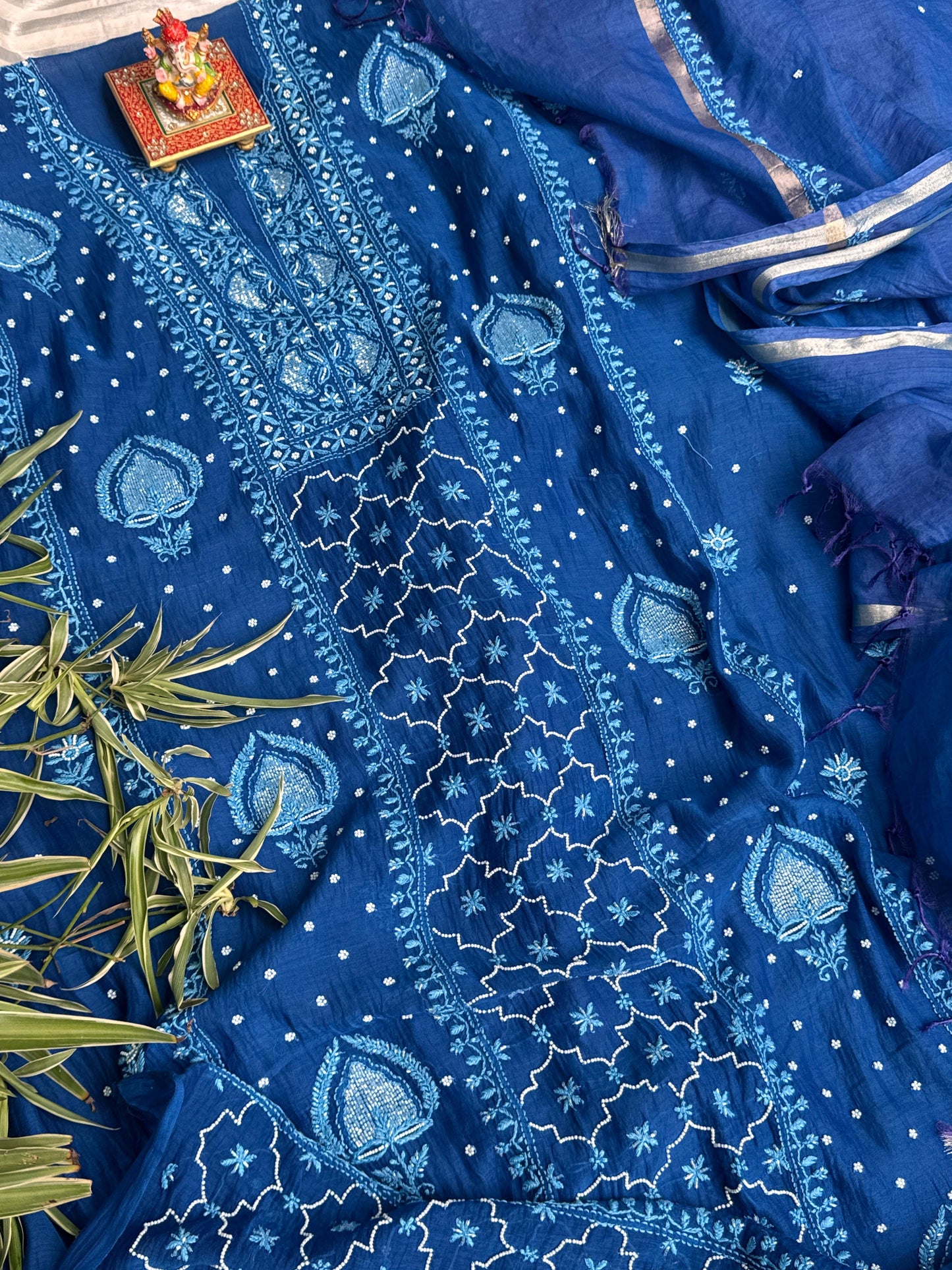 Indigo Blue Mulmul Ensemble Chikankari Charm with Cutdana & Pearl Accents