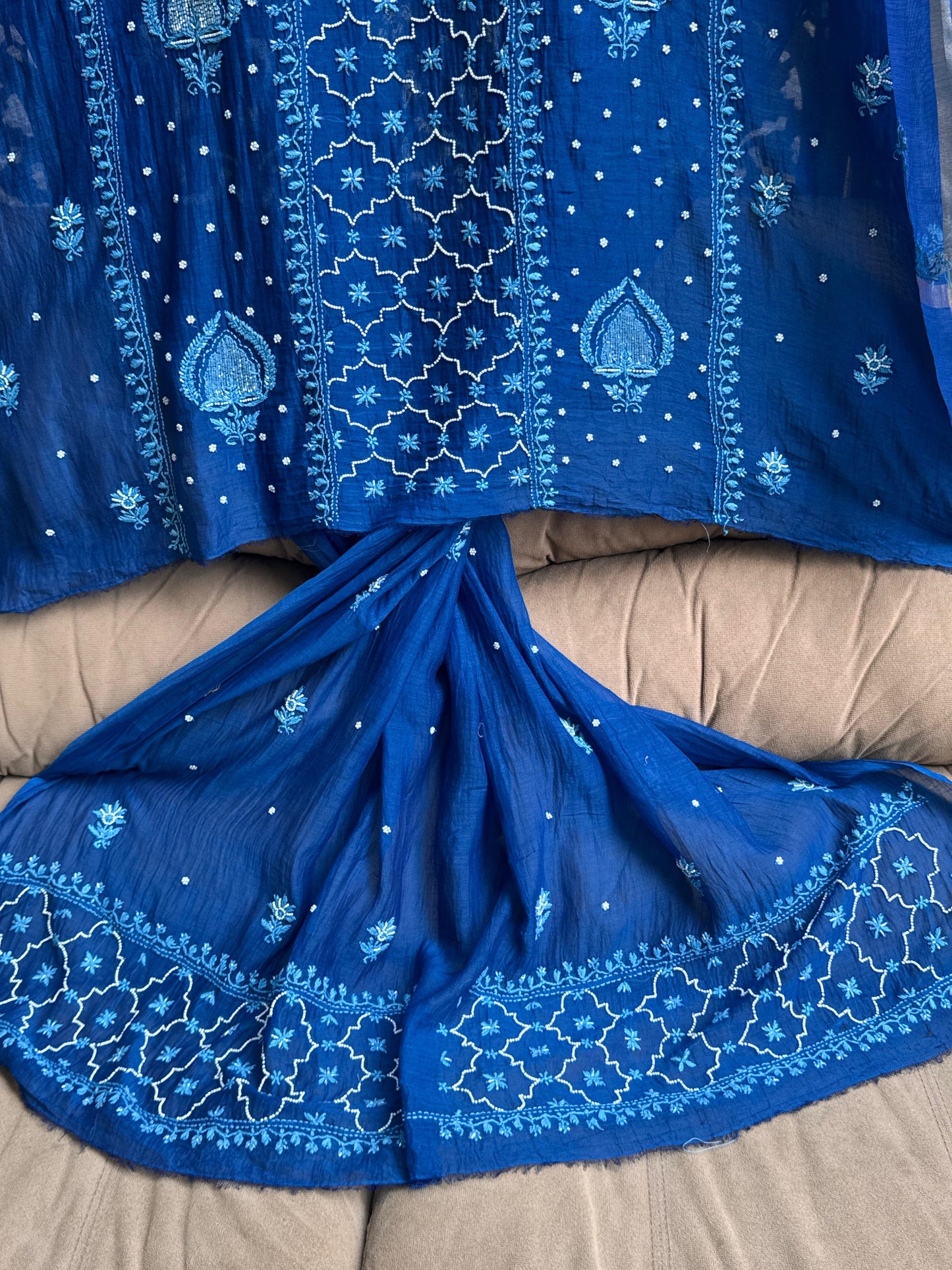 Indigo Blue Mulmul Ensemble Chikankari Charm with Cutdana & Pearl Accents