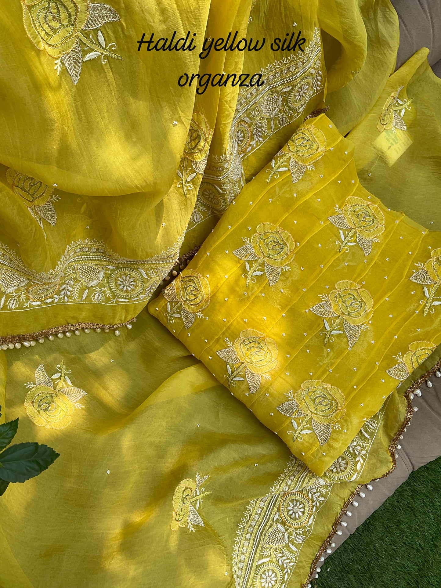Haldi Yellow Silk Organza Anarkali – Radiant Elegance with Rose Shadow Bootas