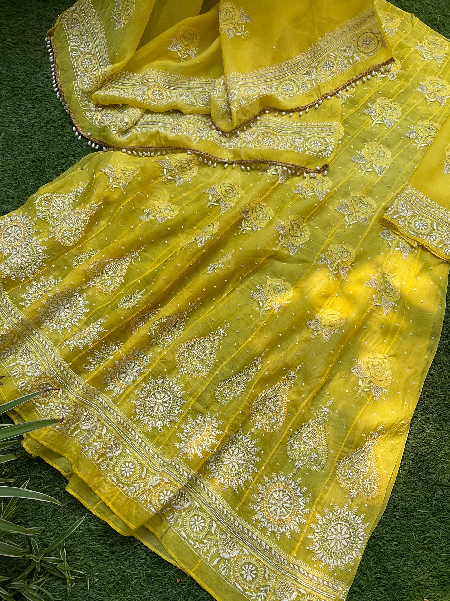 Haldi Yellow Silk Organza Anarkali – Radiant Elegance with Rose Shadow Bootas