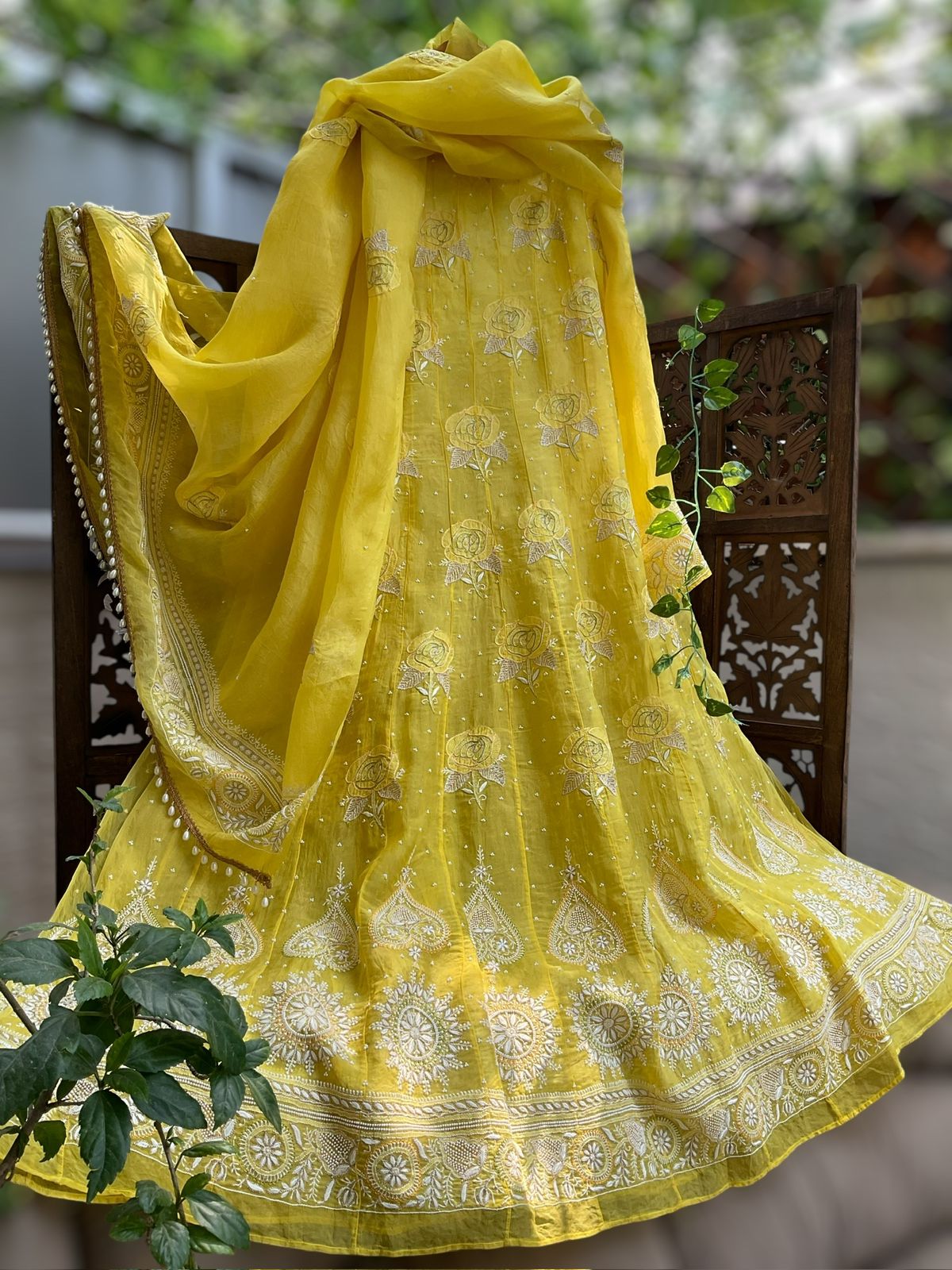 Haldi Yellow Silk Organza Anarkali – Radiant Elegance with Rose Shadow Bootas