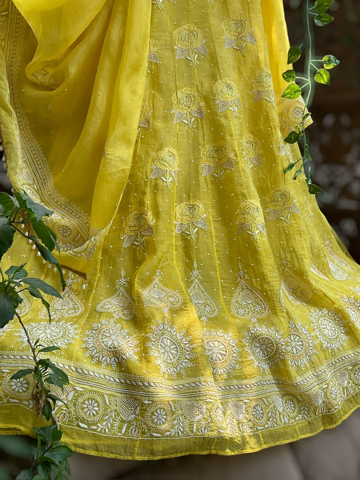 Haldi Yellow Silk Organza Anarkali – Radiant Elegance with Rose Shadow Bootas
