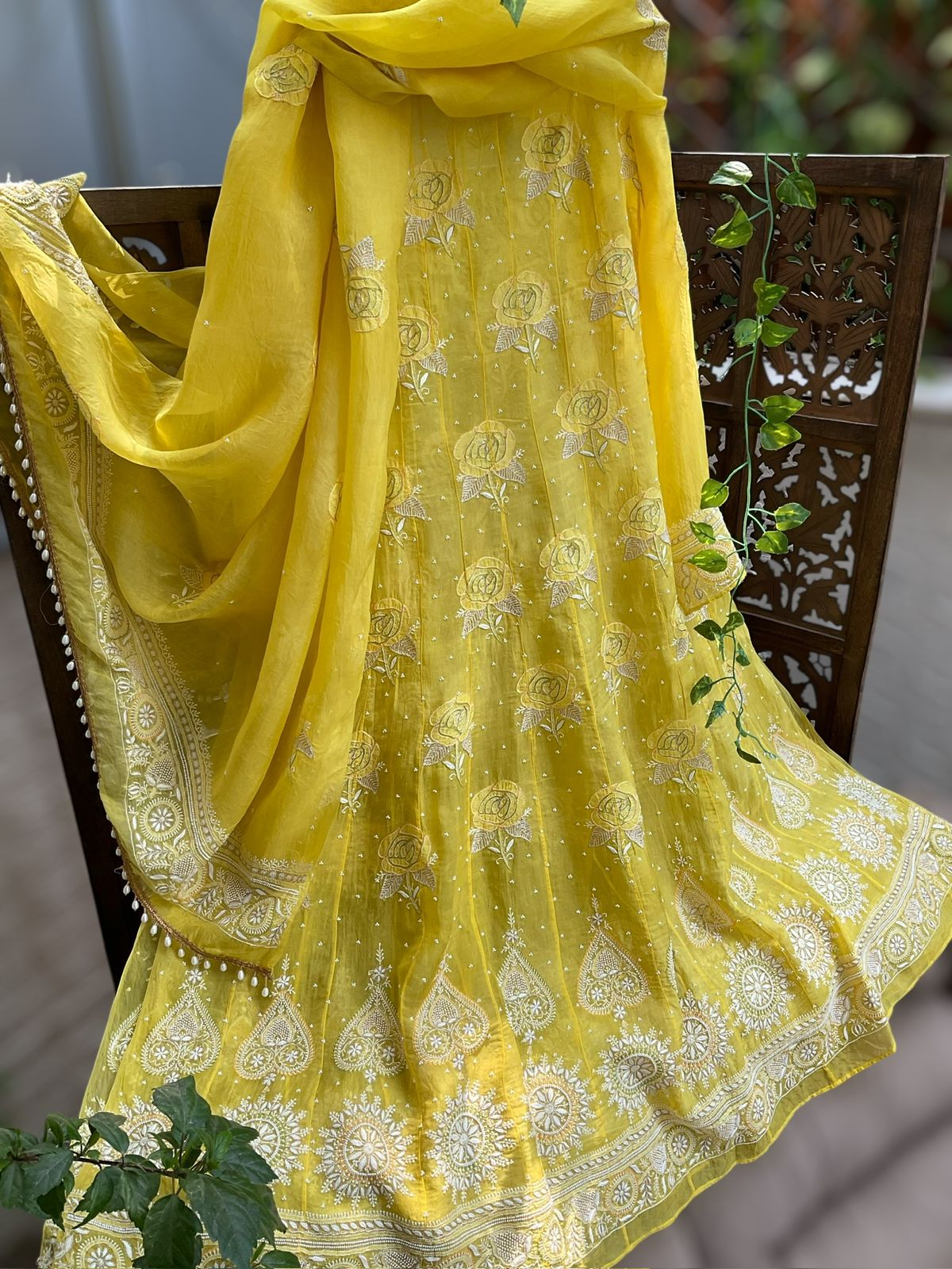 Haldi Yellow Silk Organza Anarkali – Radiant Elegance with Rose Shadow Bootas