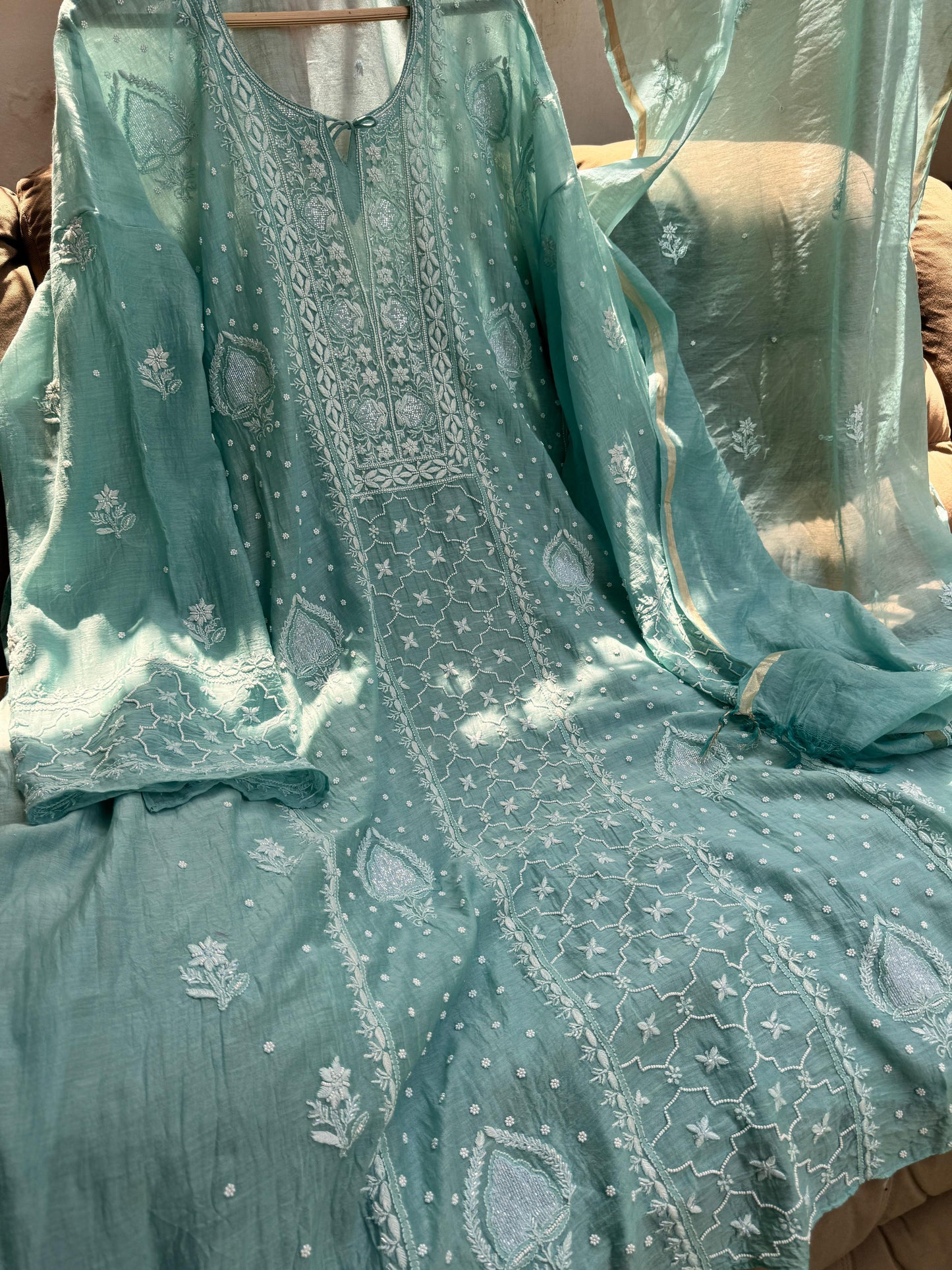 Timeless Elegance in Sage Green – Mulmul Semi-Stitched Ensemble