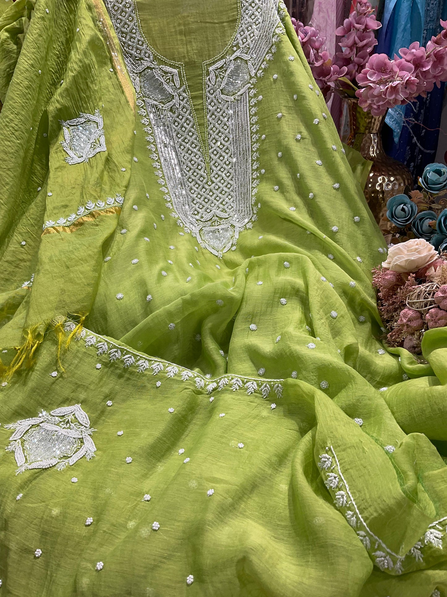 Elegant Mulmul Ensemble with Pearl & Cutdana Accents