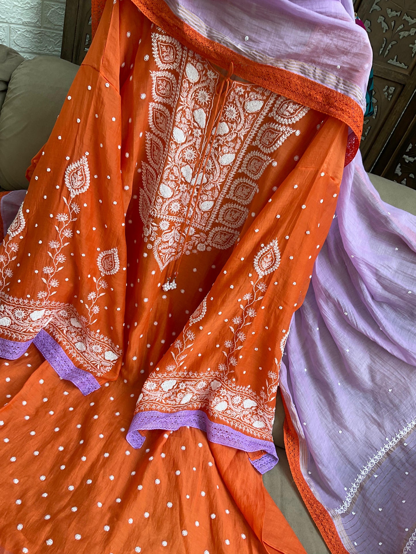 Timeless Mulmul Elegance in Orange & Lavender