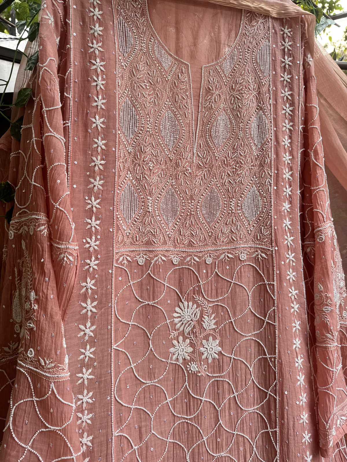 Ensemble Anarkali en voile de coton pêche