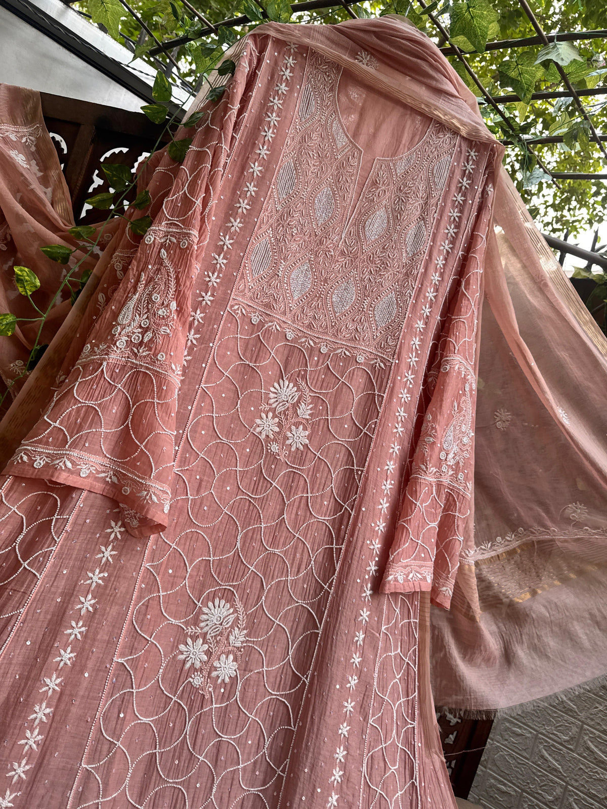 Ensemble Anarkali en voile de coton pêche