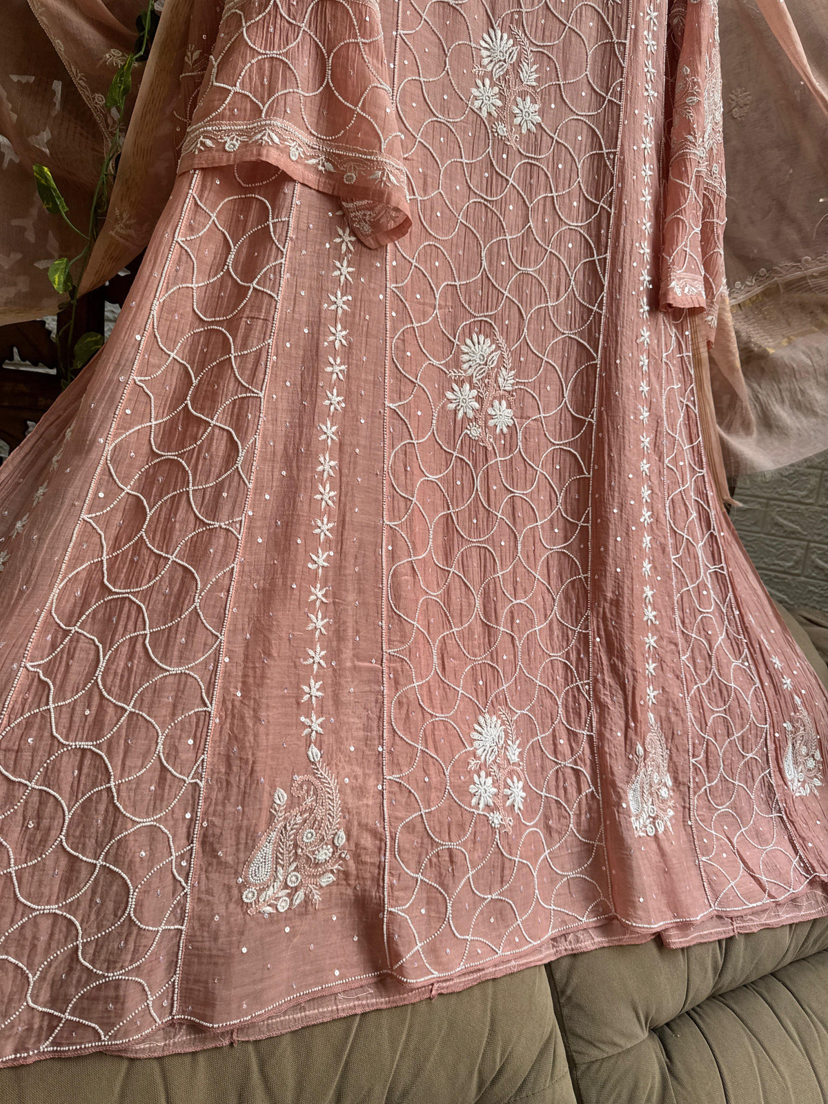 Ensemble Anarkali en voile de coton pêche