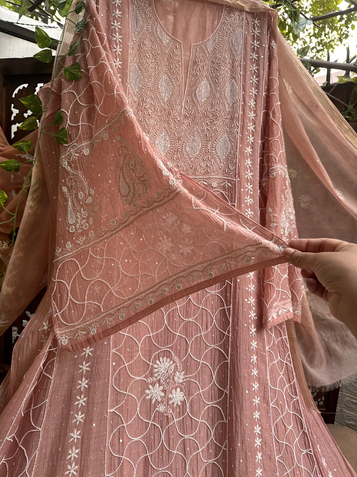 Ensemble Anarkali en voile de coton pêche