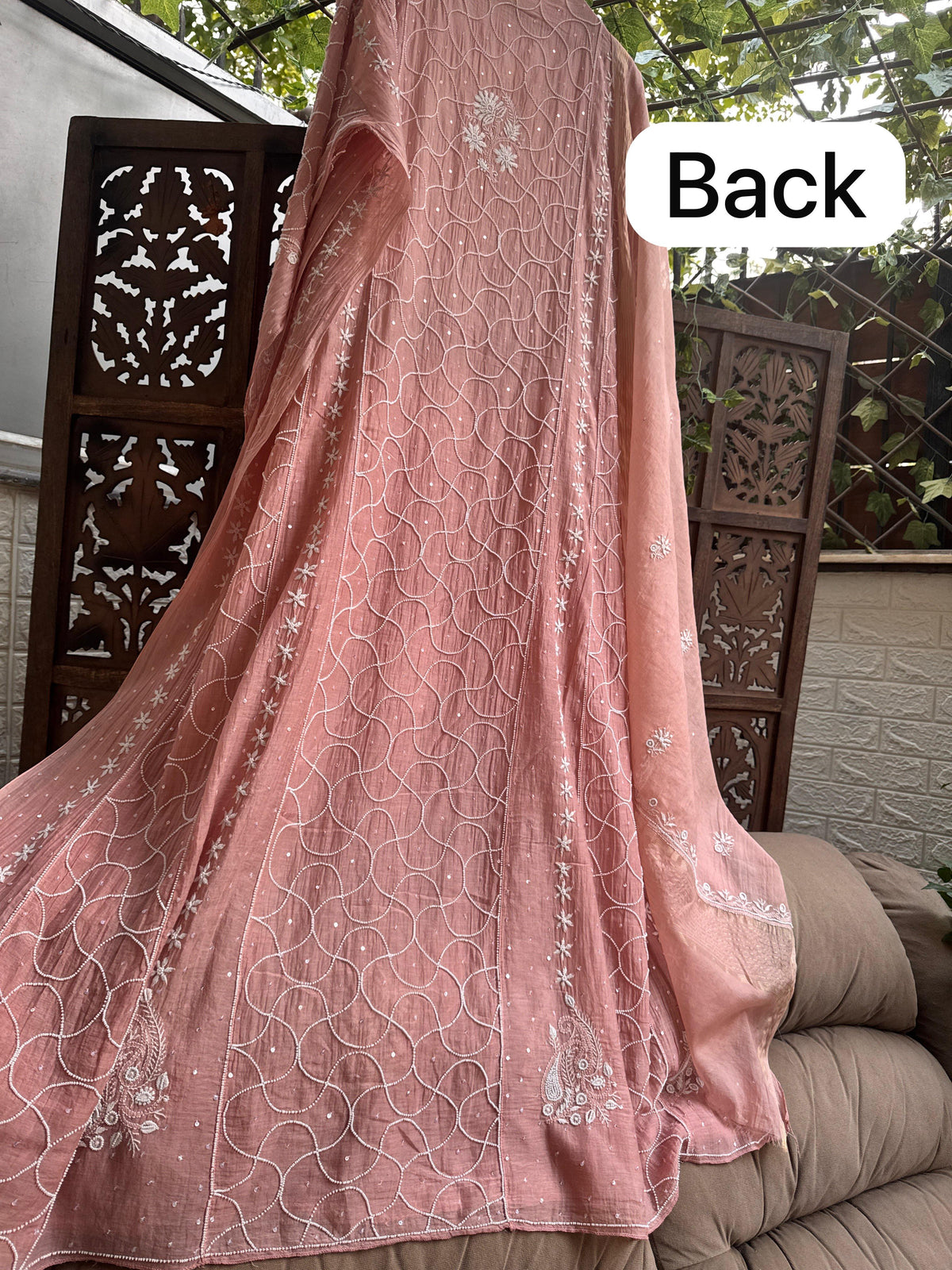 Ensemble Anarkali en voile de coton pêche
