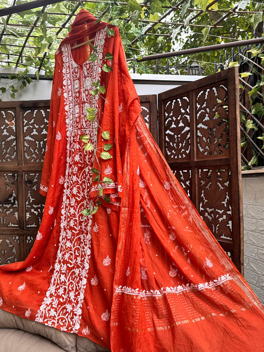 Burnt Orange Elegance – Timeless Mulmul Semi-Stitched Ensemble