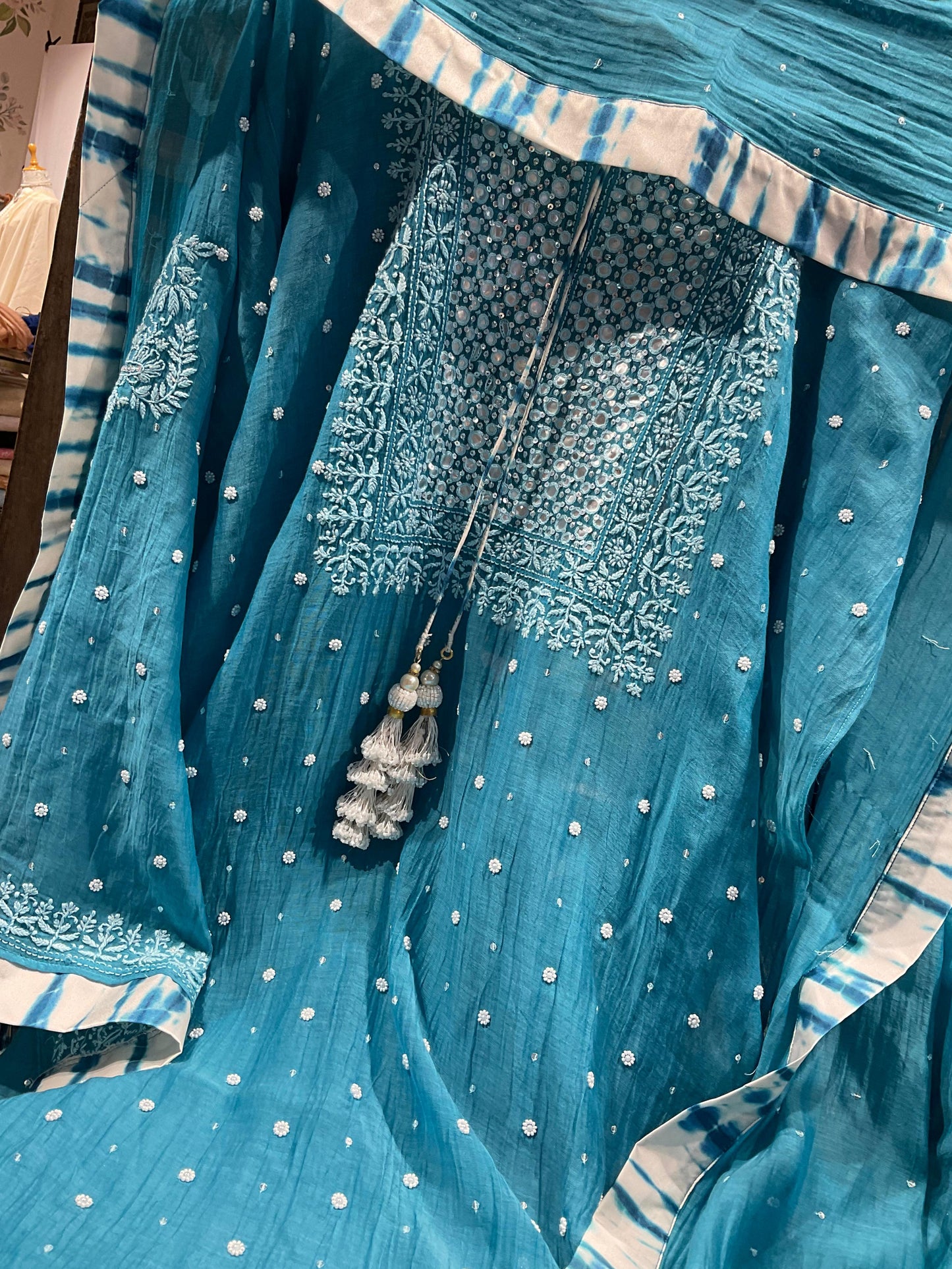 Summer Radiance – Elegant Malmal Chikankari Set with Mirror & Satin Accents