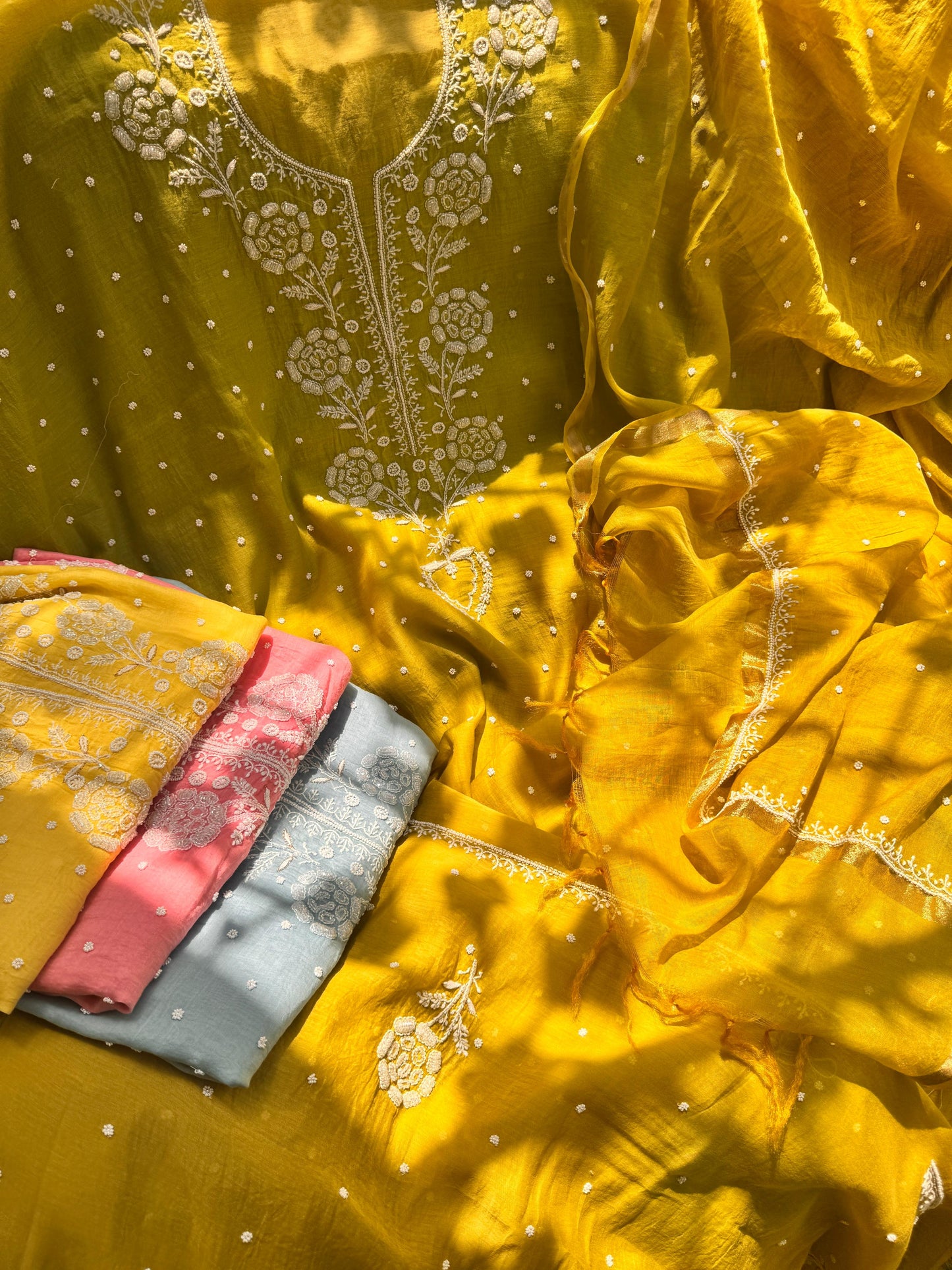 Ethereal Charm: Mulmul Chikankari Set with Pearl & Cutdana Accents