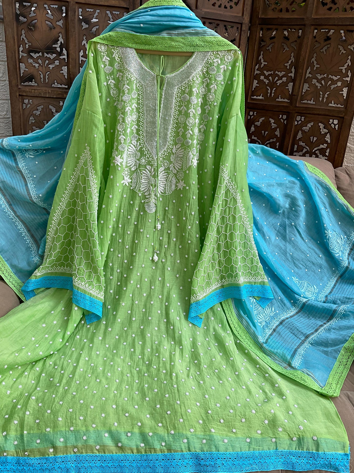 Timeless Allure: Semi-Stitched Mulmul Chikankari Set with Cutdana & Pearl Embellishments